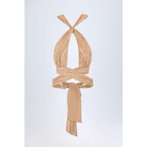 Oh Polly Ruched Halterneck Crop Top in Tan Print 6